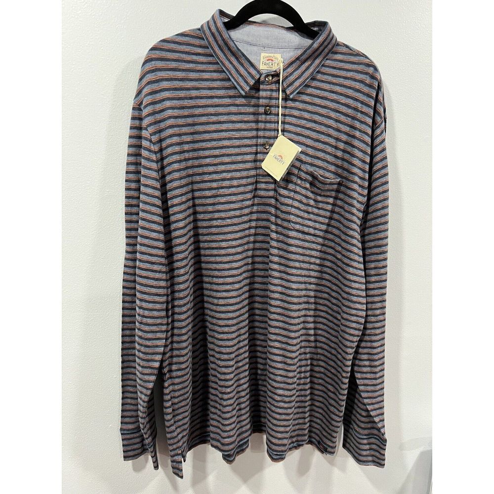 FAHERTY "Luxe Striped‎ Heather" L/S Pocket Polo Shirt, NWT - Mens XXL - Fire Sky